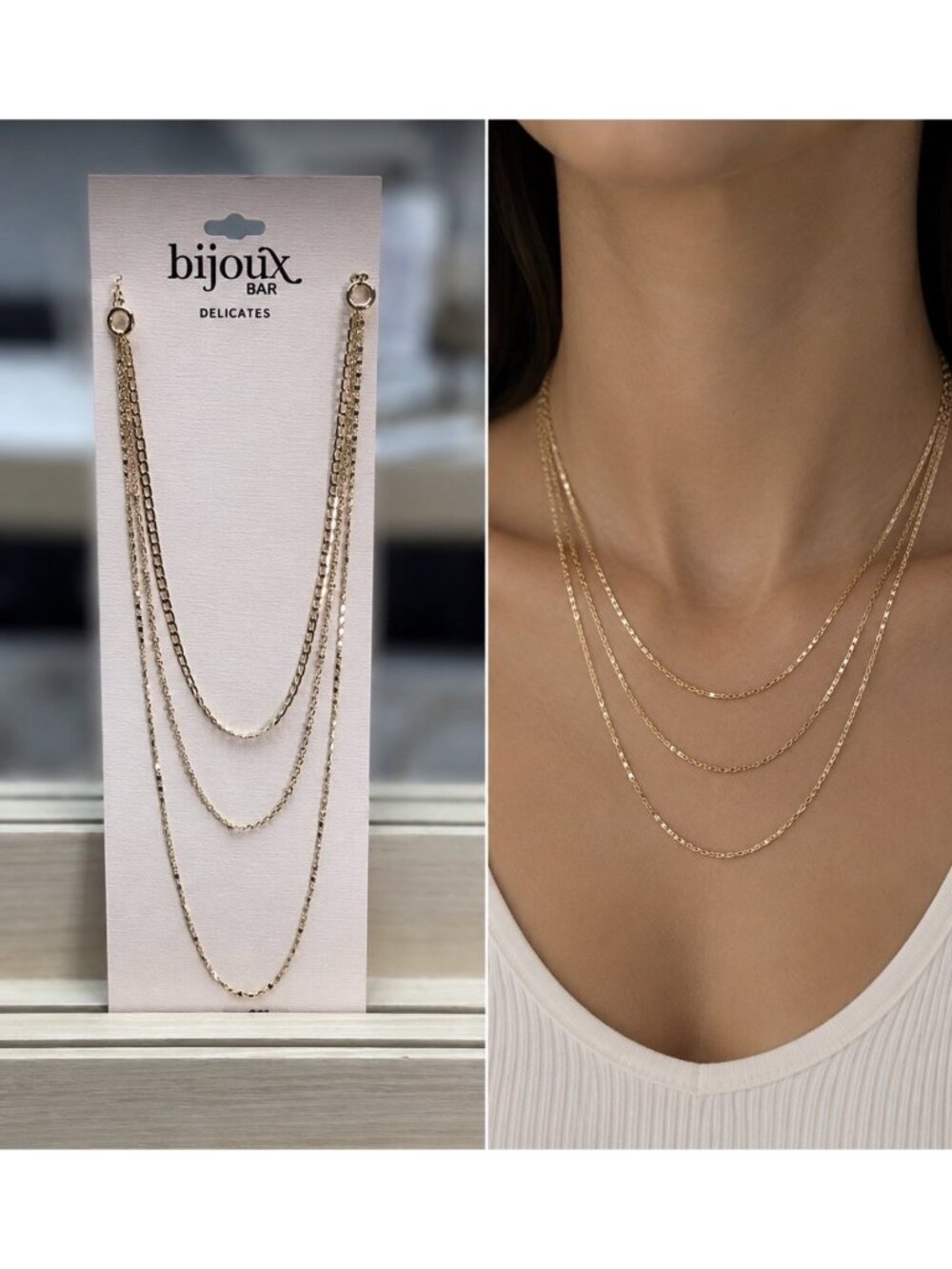 Bijoux Bar Delicates 3 Chain Goldtone Dainty Layered Statement Necklace 26" NEW